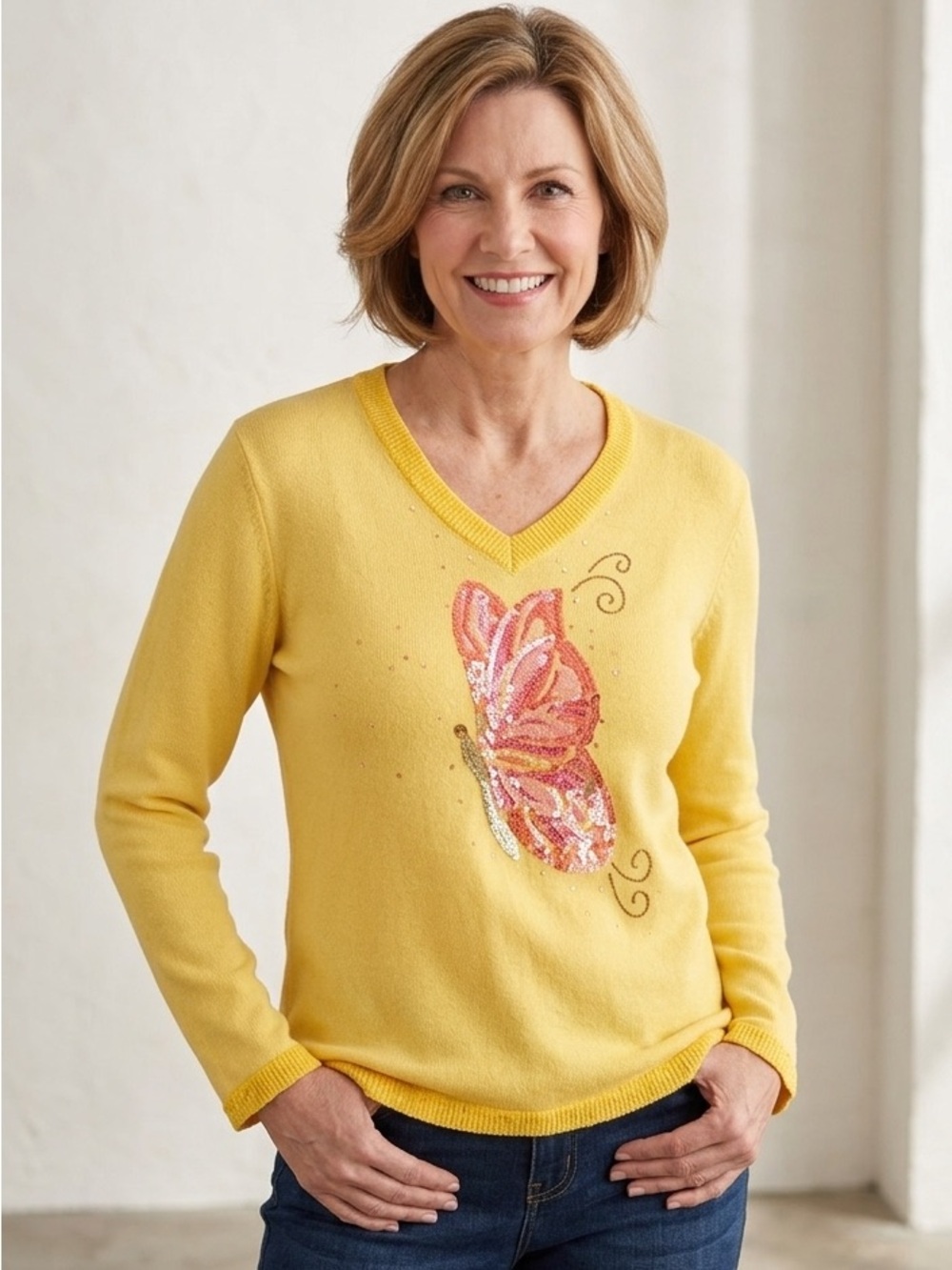 The Quacker Family Sweater Yellow V-Neck  w/ Butterfly Design Sequin Size Large